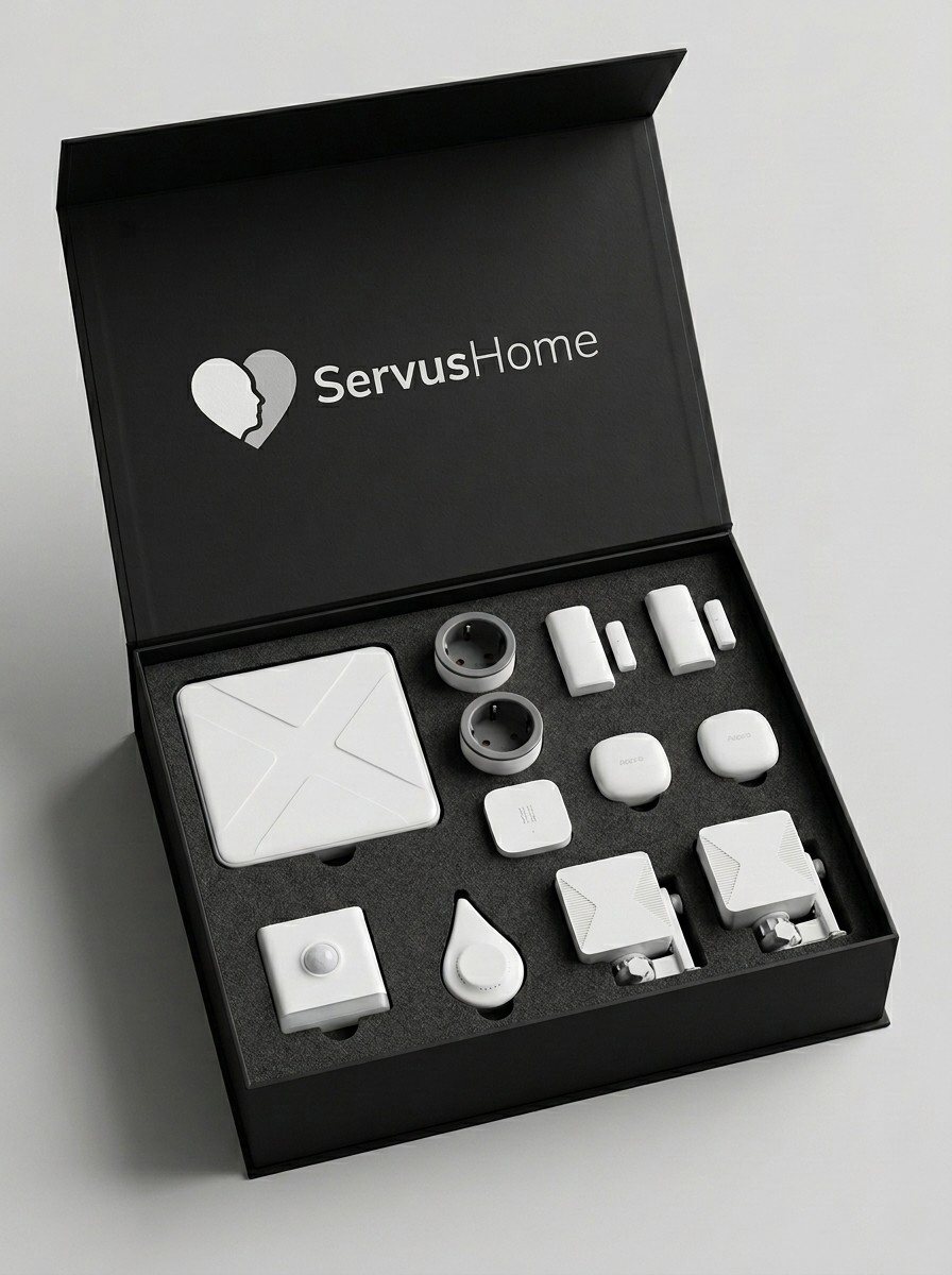 Symbolbild: Die geöffnete Servus-Home-Box mit Basisstation, Sturzsensoren, Türsensoren, Zwischensteckern, Nachtlicht und Wassersensor