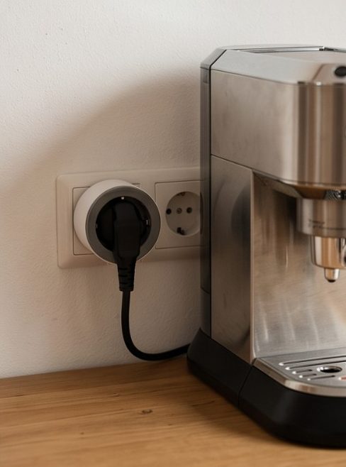 Symbolbild: Zwischenstecker in der Steckdose, daran die Kaffeemaschine