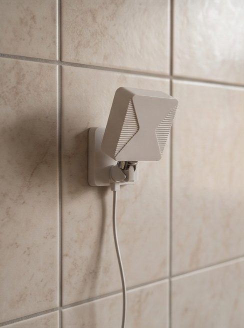 Symbolbild: Sturzsensor an der gefliesten Wand im Bad, mit Kabel zur Steckdose