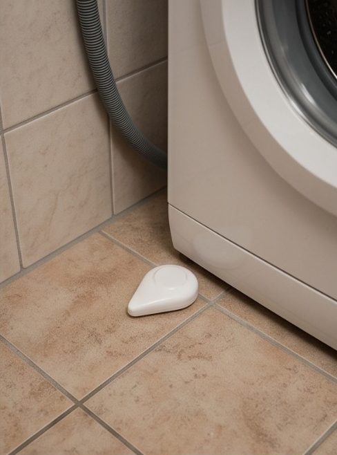 Symbolbild: Tropfenförmiger Wassersensor auf den Fliesen neben der Waschmaschine